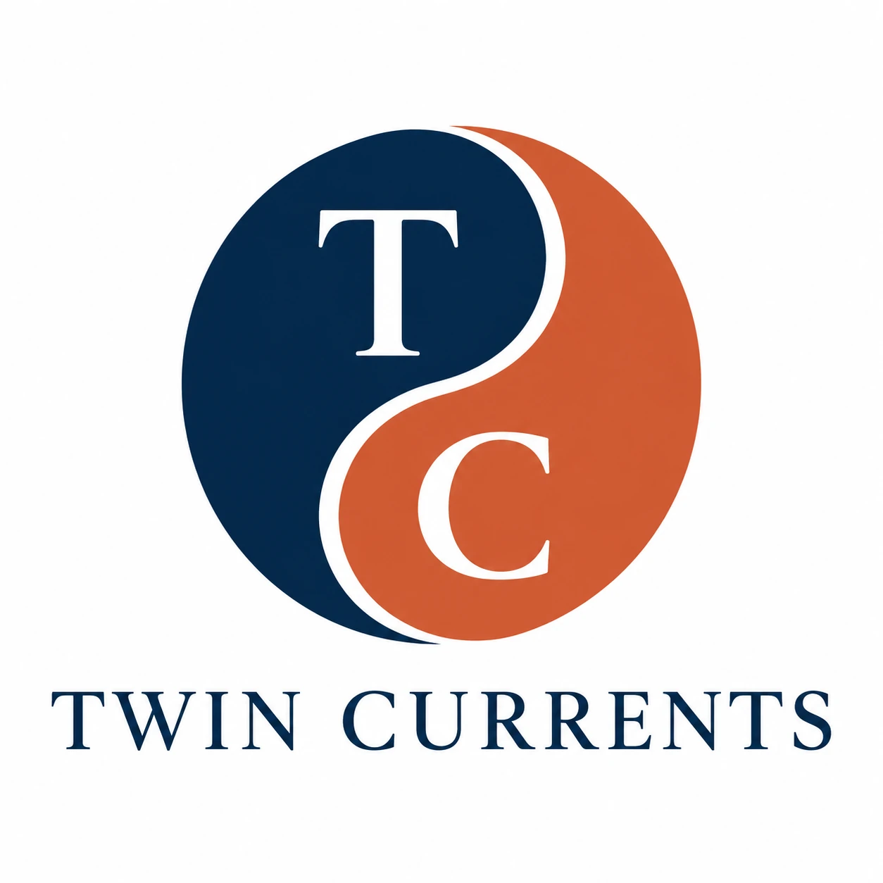 Twin Currents circular T and C emblem in navy and coral